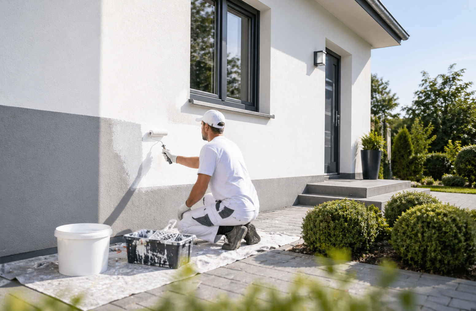 Malerarbeiten an einer modernen Hausfassade